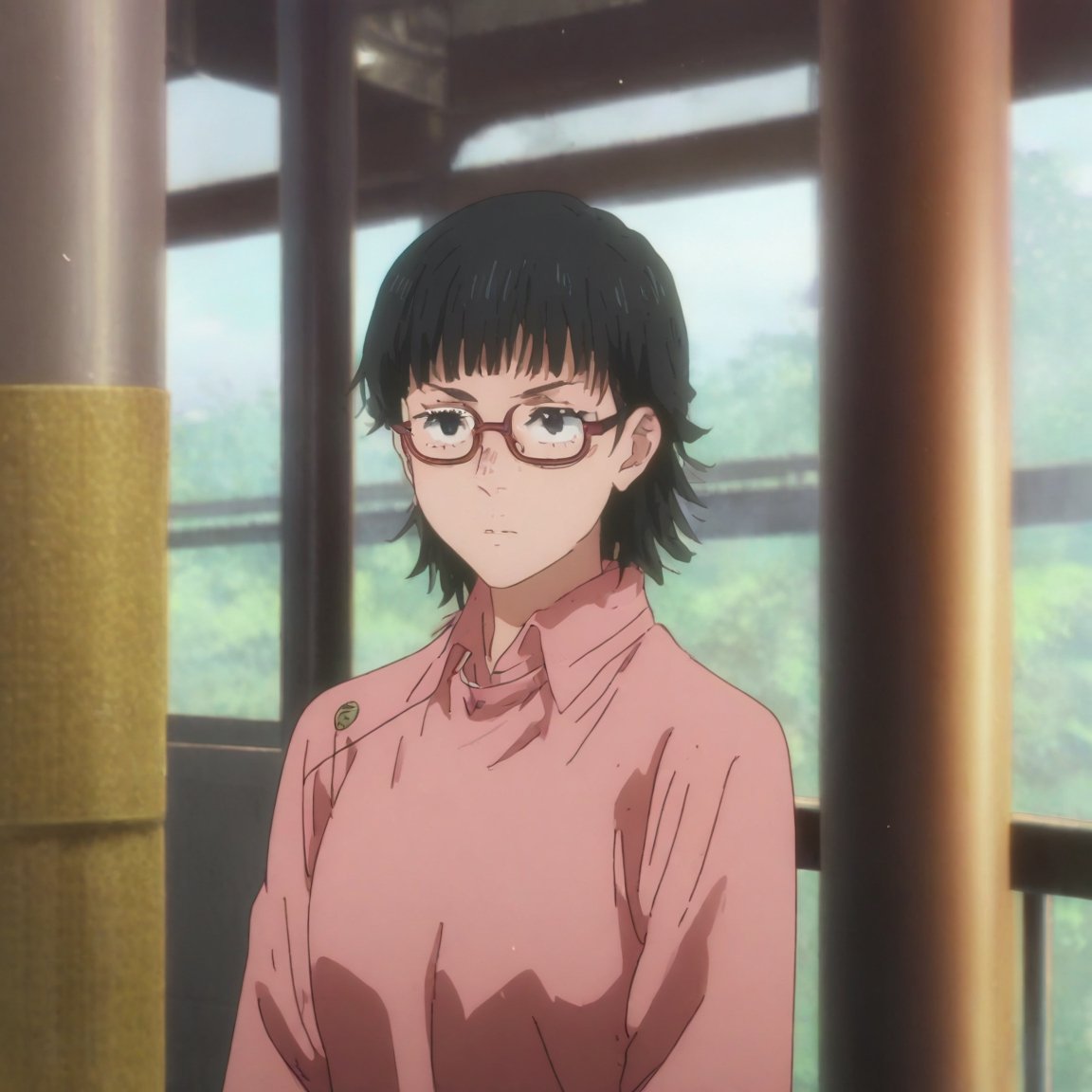 masterpiece, best quality, ultra detailed, 1woman, highly detailed, perfect face, black hair, hair cut in layers to the neck, black eyes,(perfect female body), glasses, curtain bangs. on a train, stop on a train listening to music with cable headphones. particles in the environment, perfect lighting. shullet, fine_ascxl, Visual Anime, mullet_hair ,jujutsu_kaisen_style,Jujutsu Kaisen Season 2 Anime Style,shullet,anime_screencap