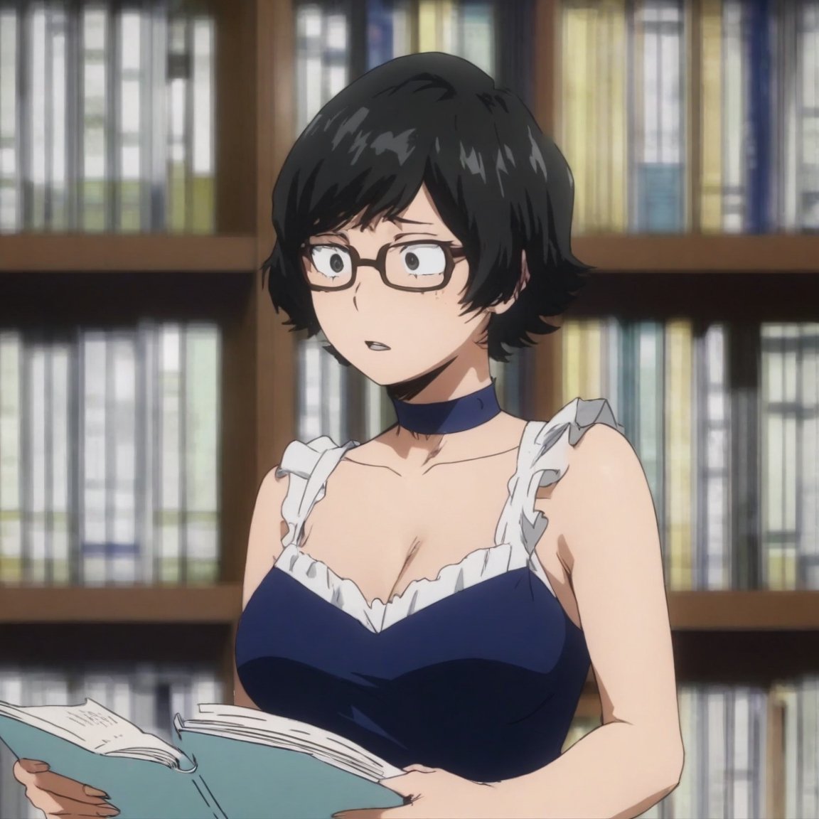 masterpiece, best quality, ultra detailed, 1woman, highly detailed, perfect face, short black hair, hair cut in layers to the neck, black eyes,(perfect female body), glasses, bangs, wearing fancy clothes. reading a book in the library. particles in the environment, perfect lighting.  score_9,boku_no_hero_academia_style,shullet,fine_ascxl,Visual Anime