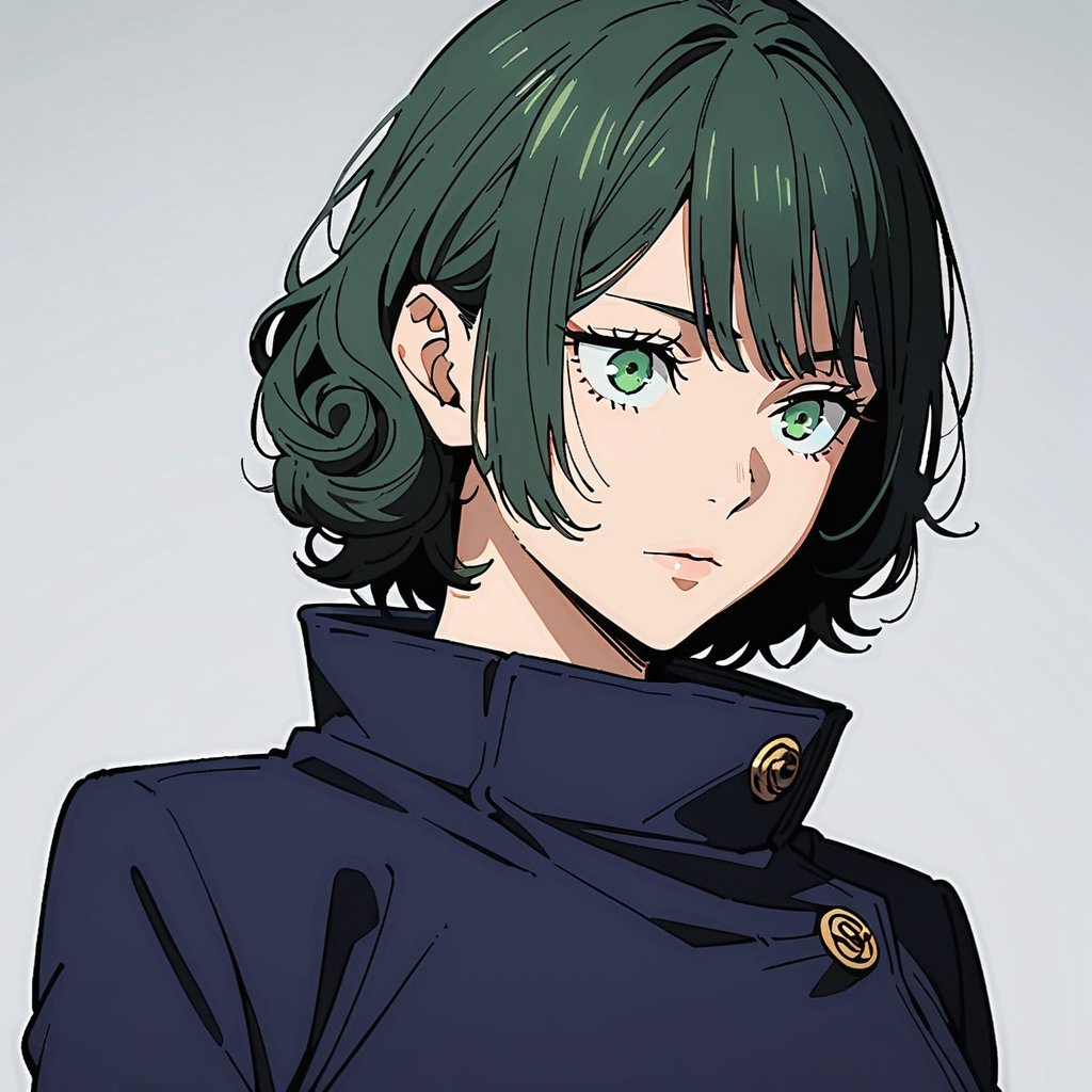 1girl ((best quality)), ((highly detailed)), masterpiece, detailed face, bangs, beautiful face, sleepy green eyes, calm expression, calm, short curly dark green hair, intricately detailed, Jujutsu Kaisen uniform