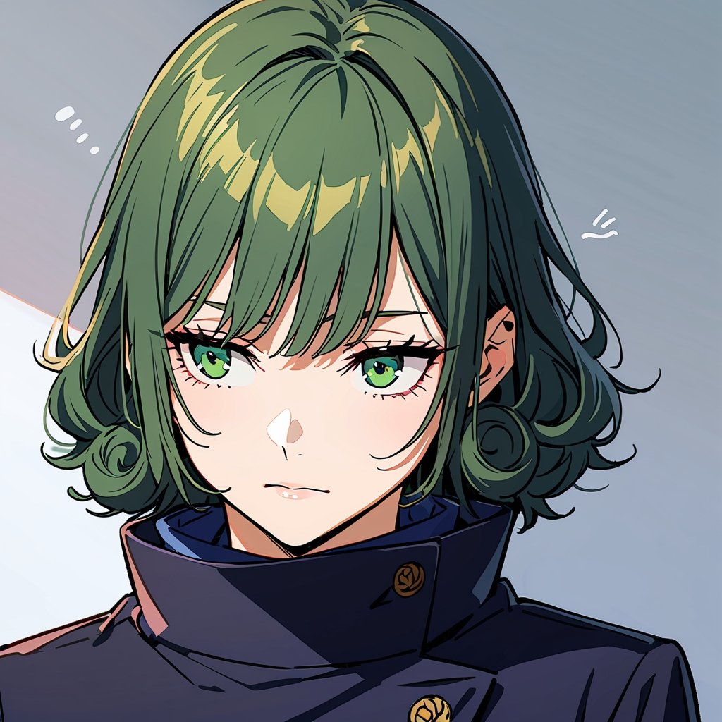 1girl ((best quality)), ((highly detailed)), masterpiece, detailed face, bangs, beautiful face, sleepy green eyes, calm expression, calm, short curly dark green hair, intricately detailed, Jujutsu Kaisen uniform