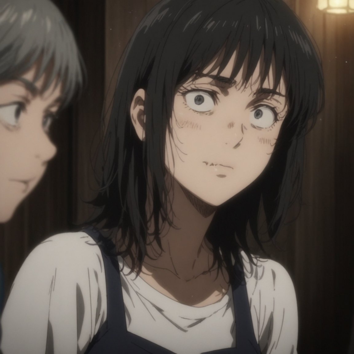 masterpiece, best quality, ultra detailed, 1woman, highly detailed, perfect face, black hair, hair cut in layers to the neck, black eyes,(perfect female body). eating in a tavern with her friends . particles in the environment, perfect lighting. shullet, fine_ascxl, Visual Anime, mullet_hair ,jujutsu_kaisen_style,Jujutsu Kaisen Season 2 Anime Style,shullet,anime_screencap,shingeki_no_kyojin_s4_style