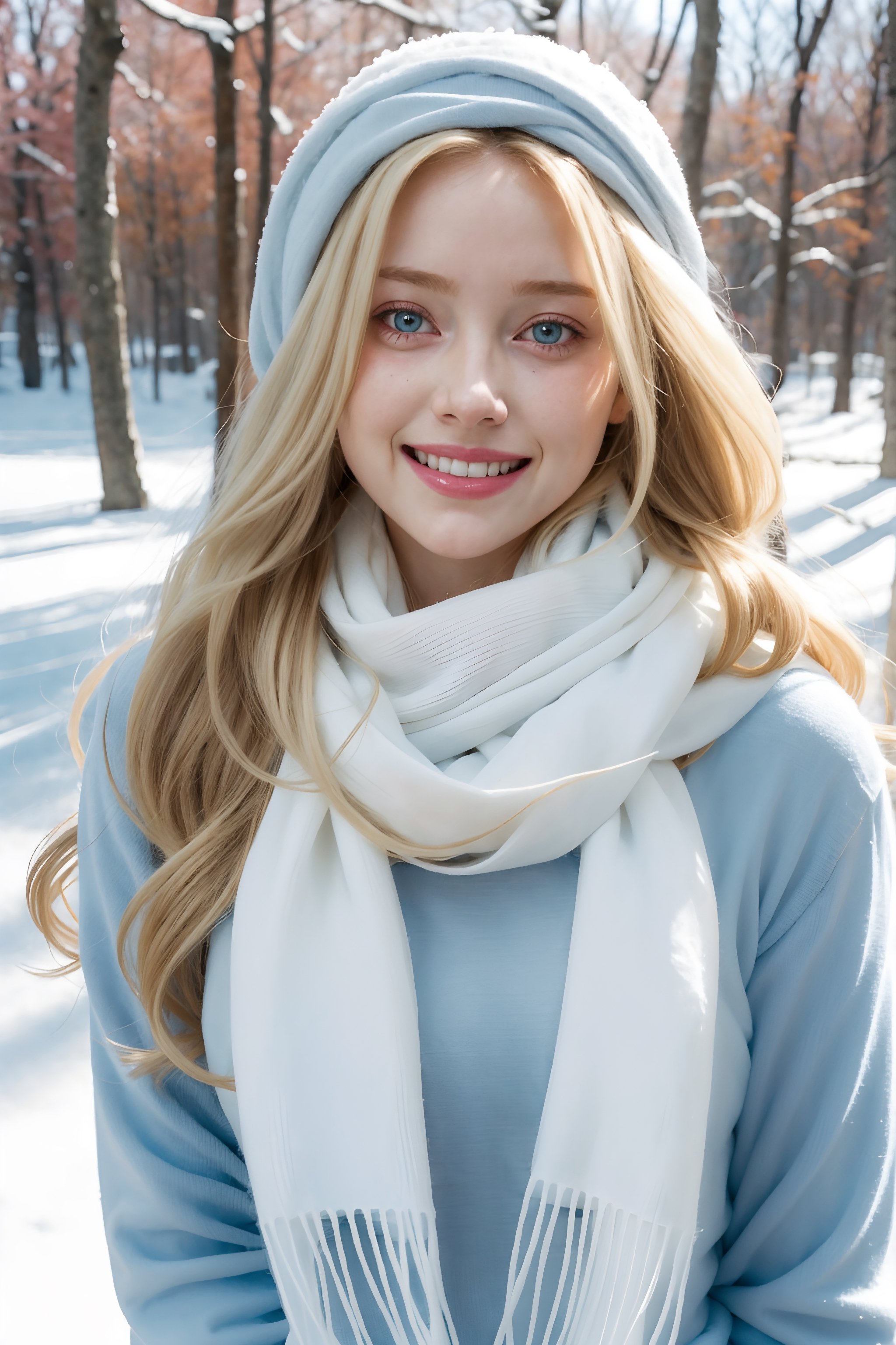 Close-up of a woman with a scarf on her head, Curly blonde hair | D&D, long blond, blonde  hair, blonde  hair, Beautiful blonde woman, long hair blonde hair, beautiful blonde girl, Pale skin wavy blonde hair, blonde beautiful young woman, blond woman in a white sweater, Beautiful blonde, (((ice blue eyes))), (((laughing))). Snow covered forest background. (great shot), perfect shot. long aperture. beautiful framing. pro photography. ((((blushing)))). bright daylight. high resolution. very detailed. ((white wool scarf))