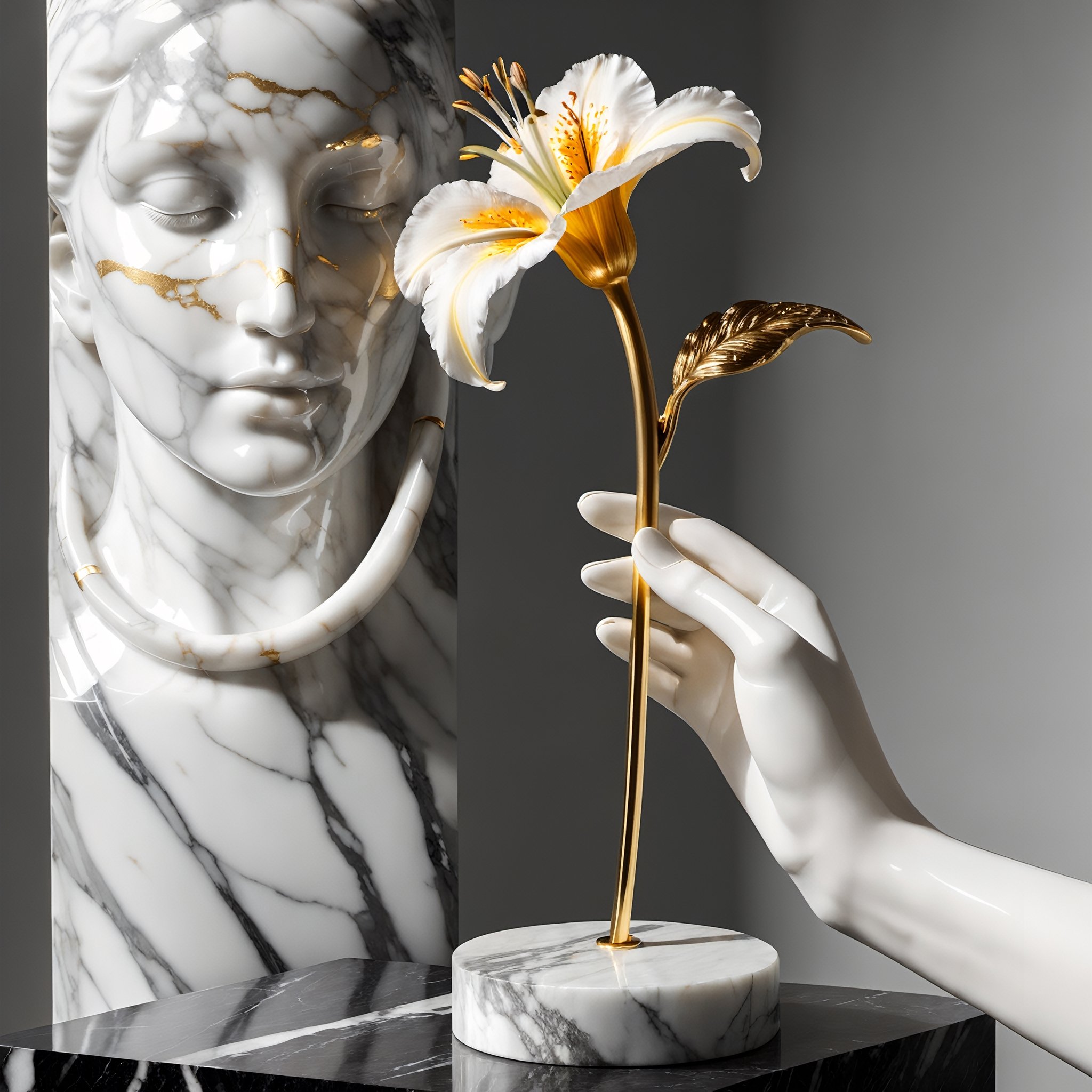 beautiful inanimate sculpture the marble sculpture of a hand picking a flower in a museum. the craftly sculpted hand is placed on a pedestal, two sculpted fingers picking the flower are closer and are touching each other forming a clamp holding a real living flower up. the sculpted hand holds the flower tightly between the index finger and thumb. the flower is a lilium with gold colored petals. a strong artificial light illuminates it. the sculpture of the hand is entirely made out of beautiful carrara marble. beautiful marble texture. original stunning photo composition. ultrasharp focus, multiple sources of light, soft light, warm light, shot from slightly lower POV,  polished realistic carrara marble. ,YeiyeiArt