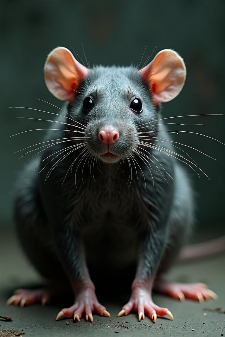 A mutant rat the size of a Tibetan mastiff dog, plump body, looks like a Gambian rat, dark expressionless black eyes staring at the camera with terrifying intelligence, long whiskers, dark gray fur. It is the rat king who leads the other mutant rats. Inside of a lab after an experiment out of control