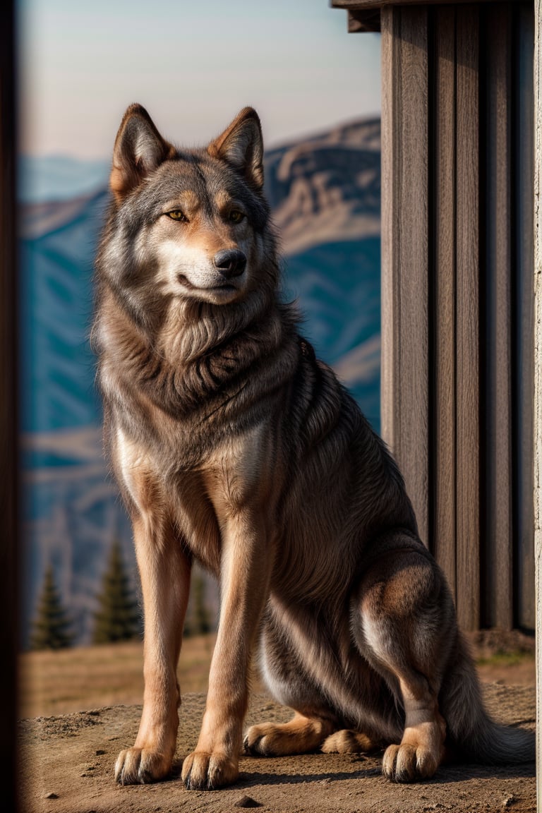 A majestic canine stands tall, its hybrid features a testament to its unique heritage. A wolf-dog's striking grey coat, infused with the dark tones of a German Shepherd, glistens in the golden light of dawn. The camera frames the subject from a low angle, emphasizing its powerful build and regal demeanor. As it surveys its surroundings, its piercing yellow eyes seem to hold a deep wisdom, while its ears perked up in attention, as if listening for distant howls. The gray wolf's wild essence seeps into the composition, with subtle hints of rugged terrain in the background.