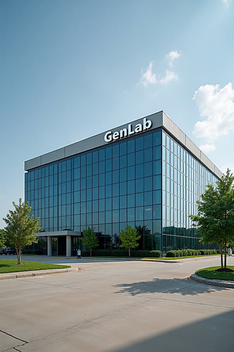 Industrial type facilities, above on the facade it says GenLab is a genetics lab, around there is a parking lot, located in Huntsville, Texas