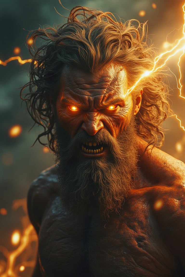 "A close-up of Zeus fully consumed by wrath, with his eyes glowing like molten lightning. His expression is fierce and vengeful, exuding raw, godly power. His hair and beard are wild, crackling with energy, and lightning surges around him as he prepares to unleash his fury. The background is filled with dark, chaotic storm clouds and flashes of lightning, embodying his unstoppable wrath."