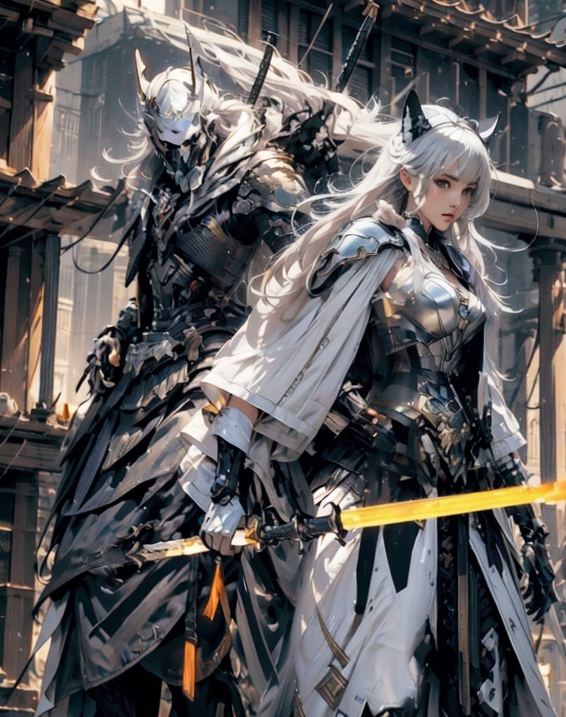 (4k), (masterpiece), (best quality),(extremely intricate), (realistic), (sharp focus), (award winning), (cinematic lighting), (extremely detailed),Golden Mecha

 Flames and smoke

A fierce and beautiful female warrior standing in a battlefield. She is wearing a full suit of armor, including a helmet, chest plate, and greaves. She is wielding a sword in one hand and a shield in the other. Her hair is flowing in the wind and she has a determined look on her face. The background is a chaotic battlefield with soldiers fighting and horses rearing.,mecha,Epicrealism,ninjascroll,fantasy,