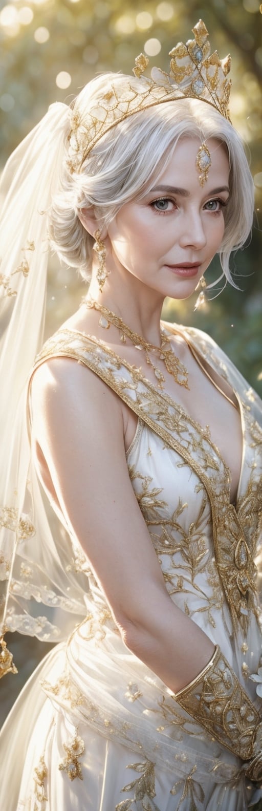 best quality, high resolution, 8k, realistic, sharp focus, photorealistic image of a beautiful white haired old lady queen in the secret garden amongst ruins and flowers and trees, 55 years old, this queen wearing golden garb , semi transparent decoration, shiny skin, reflection, far camera shoot, blurry_light_background,1 girl,yuzu