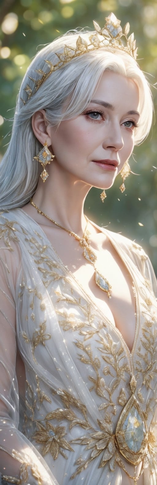 best quality, high resolution, 8k, realistic, sharp focus, photorealistic image of a beautiful white haired old lady queen in the secret garden amongst ruins and flowers and trees, 55 years old, this queen wearing golden garb , semi transparent decoration, shiny skin, reflection, far camera shoot, blurry_light_background,1 girl,yuzu