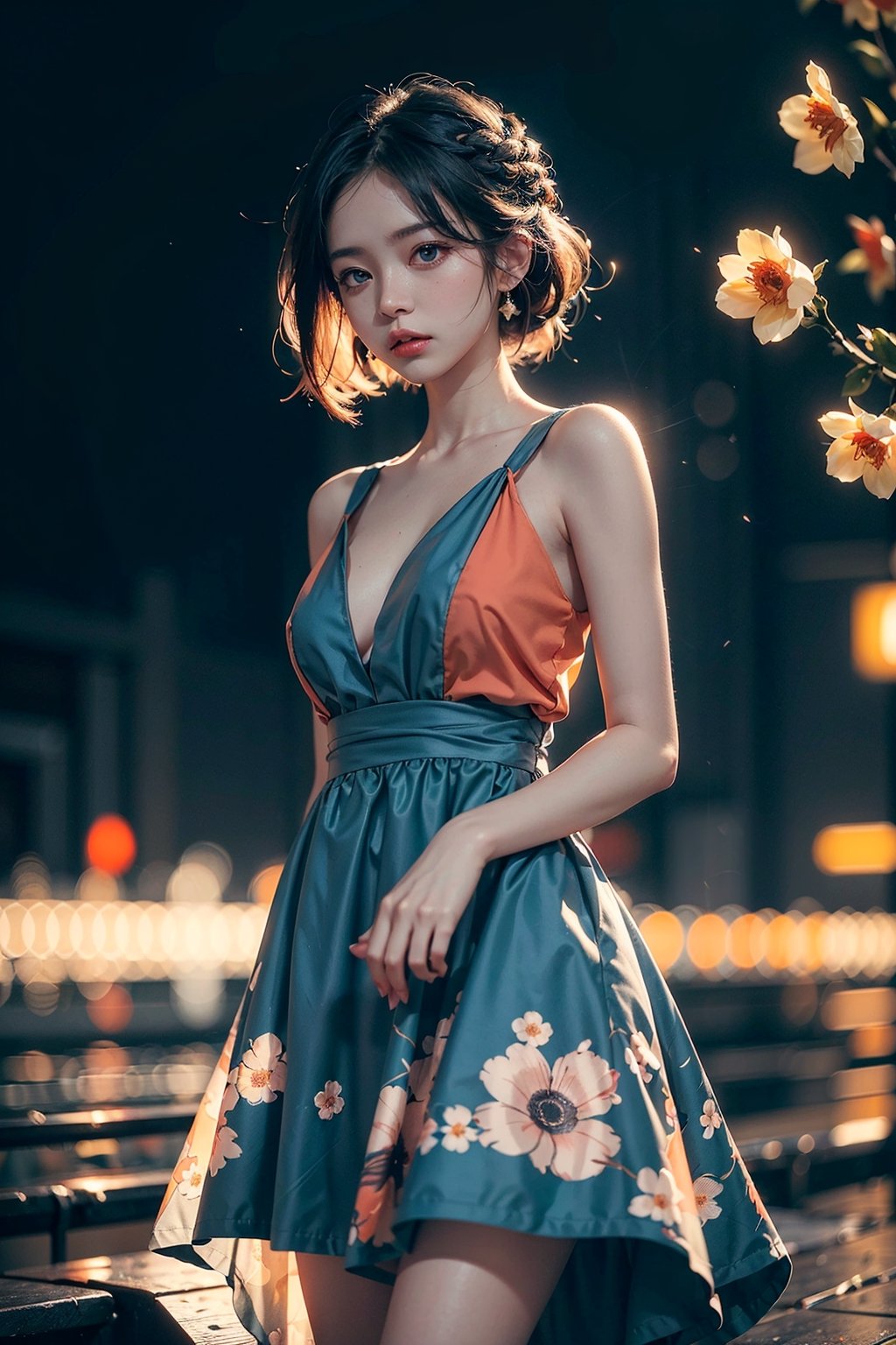 woman, flower dress, colorful, darl background,blue theme,exposure blend, medium shot, bokeh, (hdr:1.4), high contrast, (cinematic, teal and orange:0.85), (muted colors, dim colors, soothing tones:1.3), low saturation,motiontrail