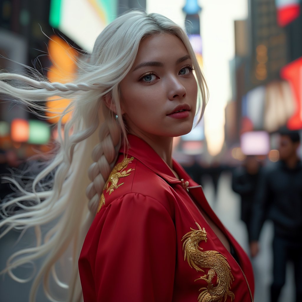 Realistic 16K resolution photography of on Lunar surface, 1girl with exquisite face, walking at Time Square in New York city. illuminated by film grain, realistic style, realistic skin texture, dramatic lighting, soft lighting, exaggerated perspective of ((Wide-angle lens depth)), extreme detail description,
break, 
1girl, white hair, long braid hair,floating hair, green eyes, Exquisitely perfect symmetric very gorgeous face, Exquisite delicate crystal clear skin, Detailed beautiful delicate eyes, perfect slim body shape, slender and beautiful fingers, legs, perfect hands, legs, dressed in red sport jacket with golden Phoenix pattern,