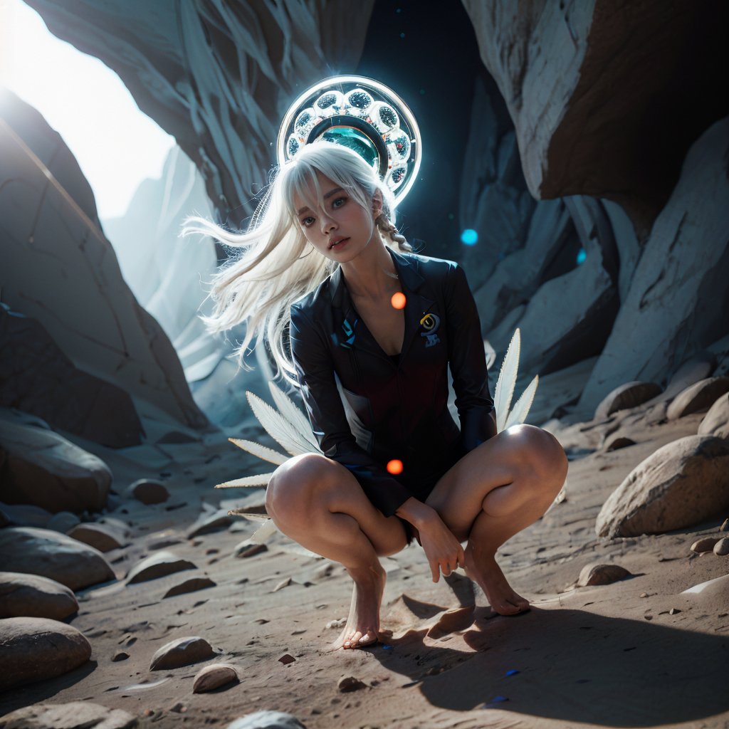 Realistic 16K resolution photography of on Lunar surface, 1girl wearing a glowing floating halo, Squatting on ground and holding glowing light ball. 
break, 
1girl, white hair, long braid hair,floating hair, green eyes, Exquisitely perfect symmetric very gorgeous face, Exquisite delicate crystal clear skin, Detailed beautiful delicate eyes, perfect slim body shape, slender and beautiful fingers, legs, perfect hands, legs, dressed in red sport jacket with golden Phoenix pattern, illuminated by film grain, realistic style, realistic skin texture, dramatic lighting, soft lighting, exaggerated perspective of ((Wide-angle lens depth)), extreme detail description,