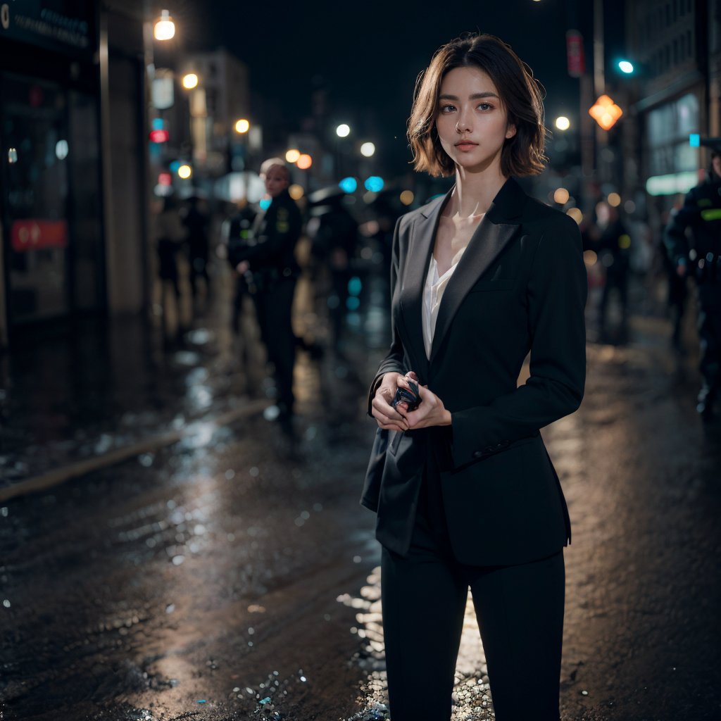 ((Realistic 8K resolution, RAW, extreme detail description)) photography of 1girl wearing black suit, holding hand gun, standing on rain-soaked street at Osaka, dark theme, night time,
break,
1girl, nice hair, Exquisitely perfect symmetric very gorgeous face, Exquisite delicate crystal clear skin, Detailed beautiful delicate eyes, perfect slim body shape, slender and beautiful fingers, legs, perfect hands, legs, illuminated by film grain, realistic style, realistic skin texture, dramatic lighting, soft lighting, exaggerated perspective of ((Wide-angle lens depth)),