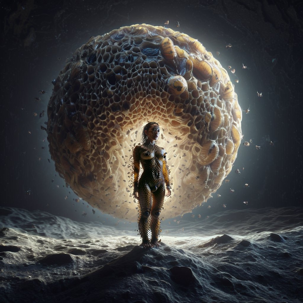  ((Realistic 8K resolution, RAW, extreme detail description)) photography of 1female terrifying figure whose body is a living hive, with insects crawling in and out of honeycomb-like structures in her flesh; in dark outer space. break, 1girl, floating hair, Exquisitely perfect symmetric very gorgeous face, Exquisite delicate crystal clear skin, Detailed beautiful delicate eyes, perfect slim body shape, slender and beautiful fingers, legs, perfect hands, legs, illuminated by film grain, realistic style, realistic skin texture, dramatic lighting, soft lighting, exaggerated perspective of ((Wide-angle lens depth)),