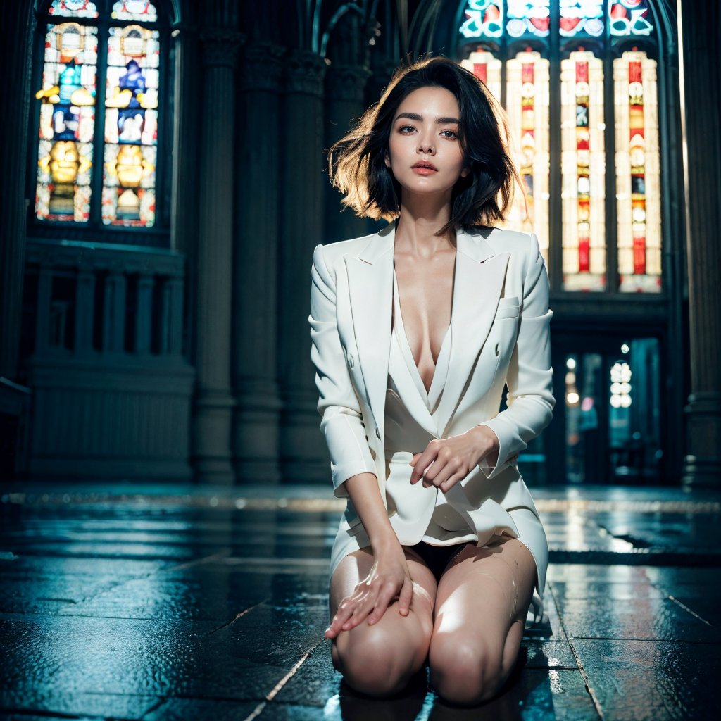 ((Realistic 8K resolution, RAW, extreme detail description)) photography of 1girl, Wearing a white suit, he knelt on the rain-soaked street, with huge neon cross floating in the air and damaged and deserted Cyberpunk Church behind her.
break,
1girl, nice hair, Exquisitely perfect symmetric very gorgeous face, Exquisite delicate crystal clear skin, Detailed beautiful delicate eyes, perfect slim body shape, slender and beautiful fingers, legs, perfect hands, legs, illuminated by film grain, realistic style, realistic skin texture, dramatic lighting, soft lighting, exaggerated perspective of ((Wide-angle lens depth)),