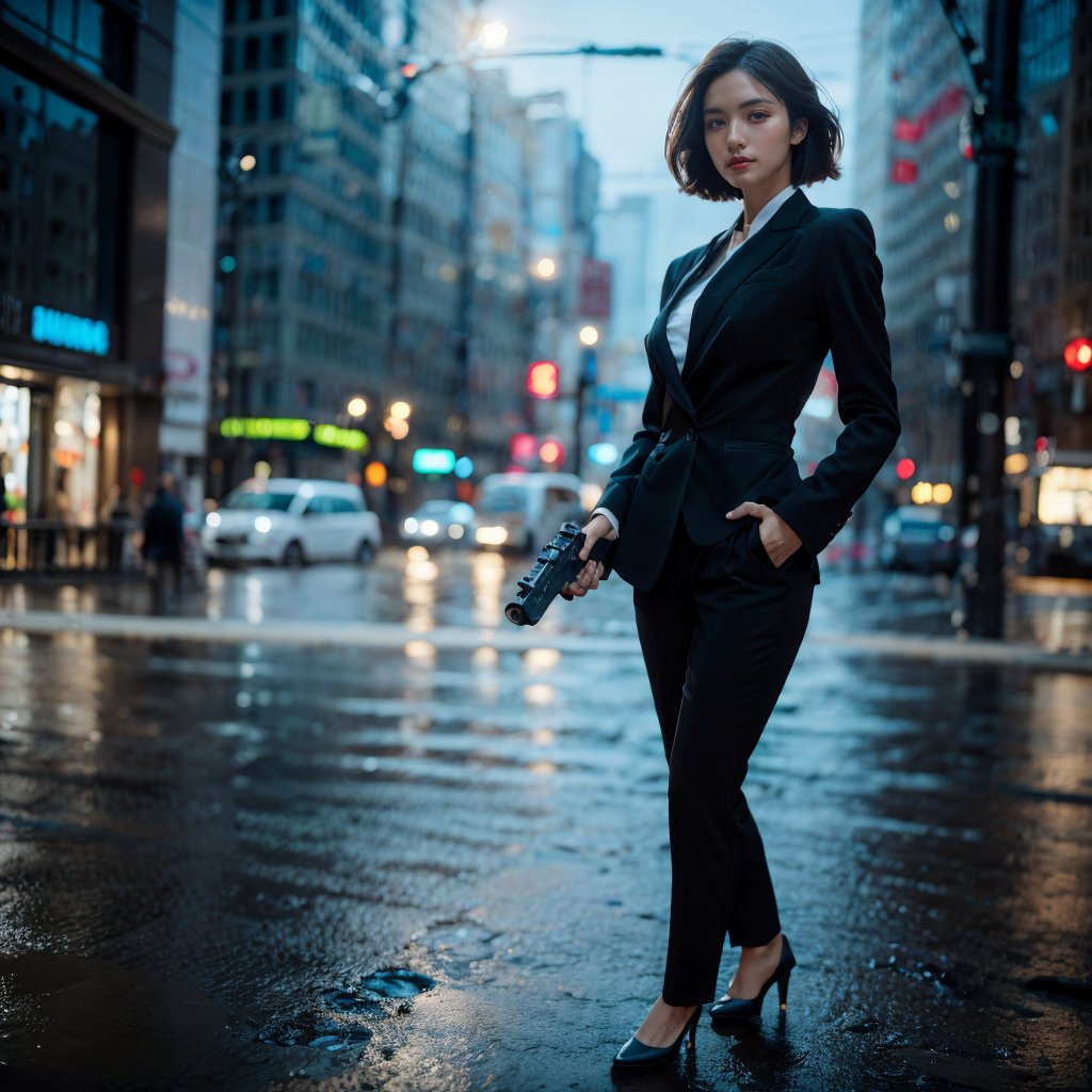 ((Realistic 8K resolution, RAW, extreme detail description)) photography of 1girl wearing black suit, holding hand gun, standing on rain-soaked street at Osaka, dark theme, night time,
break,
1girl, nice hair, Exquisitely perfect symmetric very gorgeous face, Exquisite delicate crystal clear skin, Detailed beautiful delicate eyes, perfect slim body shape, slender and beautiful fingers, legs, perfect hands, legs, illuminated by film grain, realistic style, realistic skin texture, dramatic lighting, soft lighting, exaggerated perspective of ((Wide-angle lens depth)),