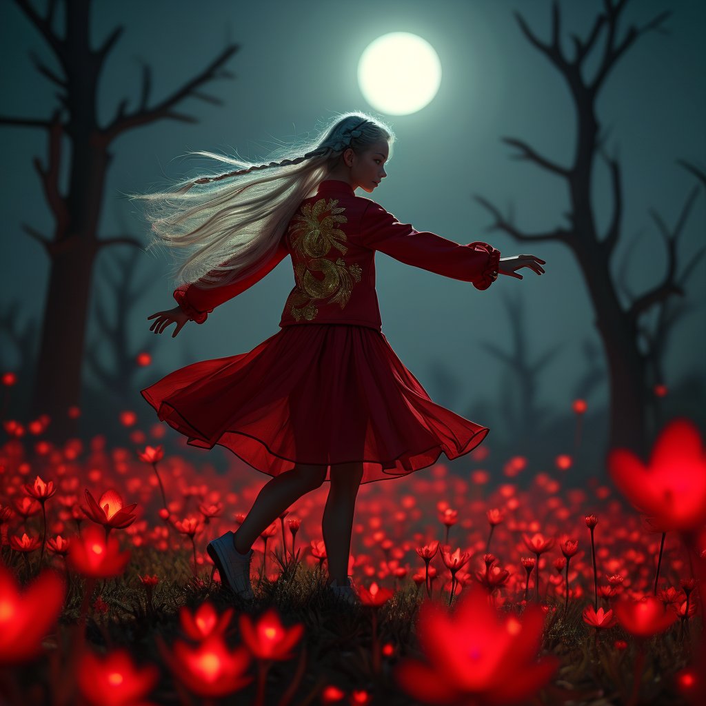 Realistic 16K resolution photography of on Lunar surface, 1girl with exquisite face, walking on red glowing flowers. illuminated by film grain, realistic style, realistic skin texture, dramatic lighting, soft lighting, exaggerated perspective of ((Wide-angle lens depth)), extreme detail description,
break, 
1girl, white hair, long braid hair,floating hair, green eyes, Exquisitely perfect symmetric very gorgeous face, Exquisite delicate crystal clear skin, Detailed beautiful delicate eyes, perfect slim body shape, slender and beautiful fingers, legs, perfect hands, legs, dressed in red sport jacket with golden Phoenix pattern,