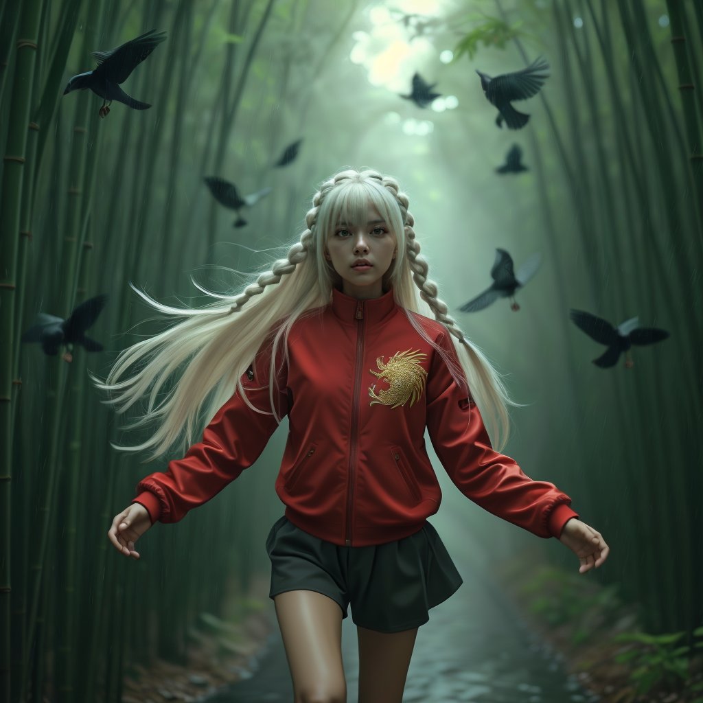 Realistic 16K resolution photography of on Lunar surface, 1girl with exquisite face, jumping up in deep mountain near bamboo forest. illuminated by film grain, realistic style, realistic skin texture, dramatic lighting, soft lighting, exaggerated perspective of ((Wide-angle lens depth)), extreme detail description,
break, 
1girl, white hair, long braid hair,floating hair, green eyes, Exquisitely perfect symmetric very gorgeous face, Exquisite delicate crystal clear skin, Detailed beautiful delicate eyes, perfect slim body shape, slender and beautiful fingers, legs, perfect hands, legs, dressed in red sport jacket with golden Phoenix pattern,