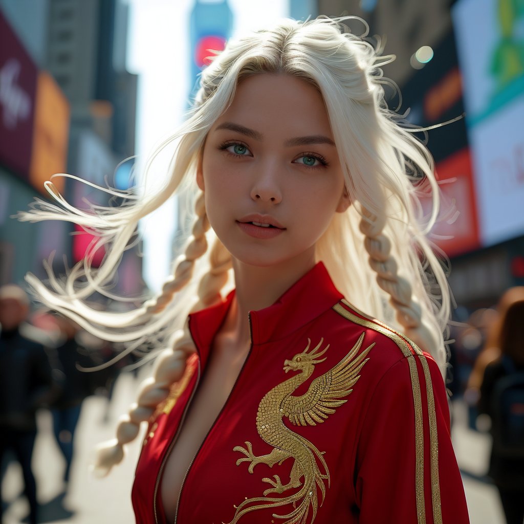 Realistic 16K resolution photography of on Lunar surface, 1girl with exquisite face, walking at Time Square in New York city. illuminated by film grain, realistic style, realistic skin texture, dramatic lighting, soft lighting, exaggerated perspective of ((Wide-angle lens depth)), extreme detail description,
break, 
1girl, white hair, long braid hair,floating hair, green eyes, Exquisitely perfect symmetric very gorgeous face, Exquisite delicate crystal clear skin, Detailed beautiful delicate eyes, perfect slim body shape, slender and beautiful fingers, legs, perfect hands, legs, dressed in red sport jacket with golden Phoenix pattern,