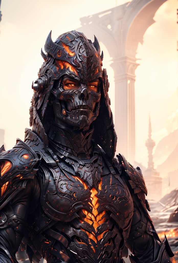 male face, muscular face, chiseled face, ((very muscular body)), full body, ((head and feet visible)), (skull face sci_ fi helmet),  Full face armor, Green fire, high quality, masterpiece, ultra-high resolution, (looking at the viewer), very serious face. (look straight), heavy ornaments, real skin textures, long face, details, dark brown lips, thick lips, shaved head, dark brown eyes, detailed fingers. detailed eyes, detailed iris, big pupil, angry face, thick eyebrows,  facial tatoos, muscular body, (Full  Steel plated body Armor) perfect body shape, (scares on the body and face) perfect hands, perfect long legs, perfect feet, Standing pose, background destroyed houses, (out door) clear blue sky, battlefield, hdr, 4k, 8k, ultra HD, SAM YANG,Clothmancer,Cloth,emb3r4rmor