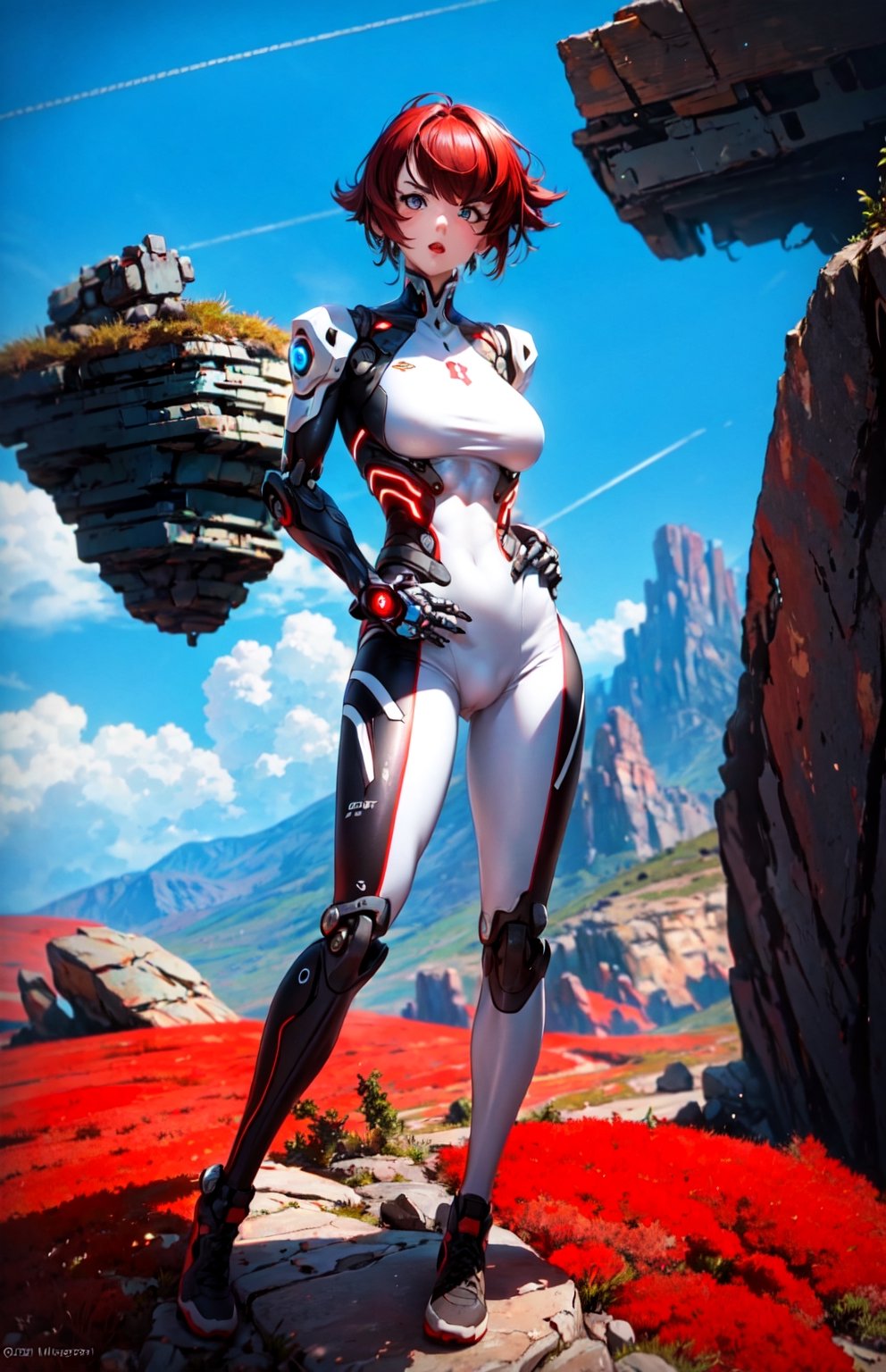 masterpiece, best quality, looking at the viewer, aggressive looking face, angry big eyes, red lips, outdoors open world, small breast, robot hands are well shown, standing, blue sky environment background, white leggings, day time, Rugged and rocky terrain background, Big beautiful eyes,  very short dark red hair,  High detailed glossy full body,  Head to feet,  robot_girl, subject in the middle of the frame, rocky landscape,cibertribal,cyberpunk