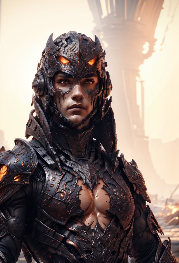 male face, muscular face, chiseled face, ((very muscular body)), full body, ((head and feet visible)), (sci_ fi helmet)t,  Full face armor, chin and nose cover, high quality, masterpiece, ultra-high resolution, (looking at the viewer), very serious face. (look straight), heavy ornaments, real skin textures, long face, details, dark brown lips, thick lips, shaved head, dark brown eyes, detailed fingers. detailed eyes, detailed iris, big pupil, angry face, thick eyebrows,  facial tatoos, muscular body, (Full  Steel plated body Armor) perfect body shape, (scares on the body and face) perfect hands, perfect long legs, perfect feet, Standing pose, background destroyed houses, (out door) clear blue sky, battlefield, hdr, 4k, 8k, ultra HD, SAM YANG,Clothmancer,Cloth,emb3r4rmor