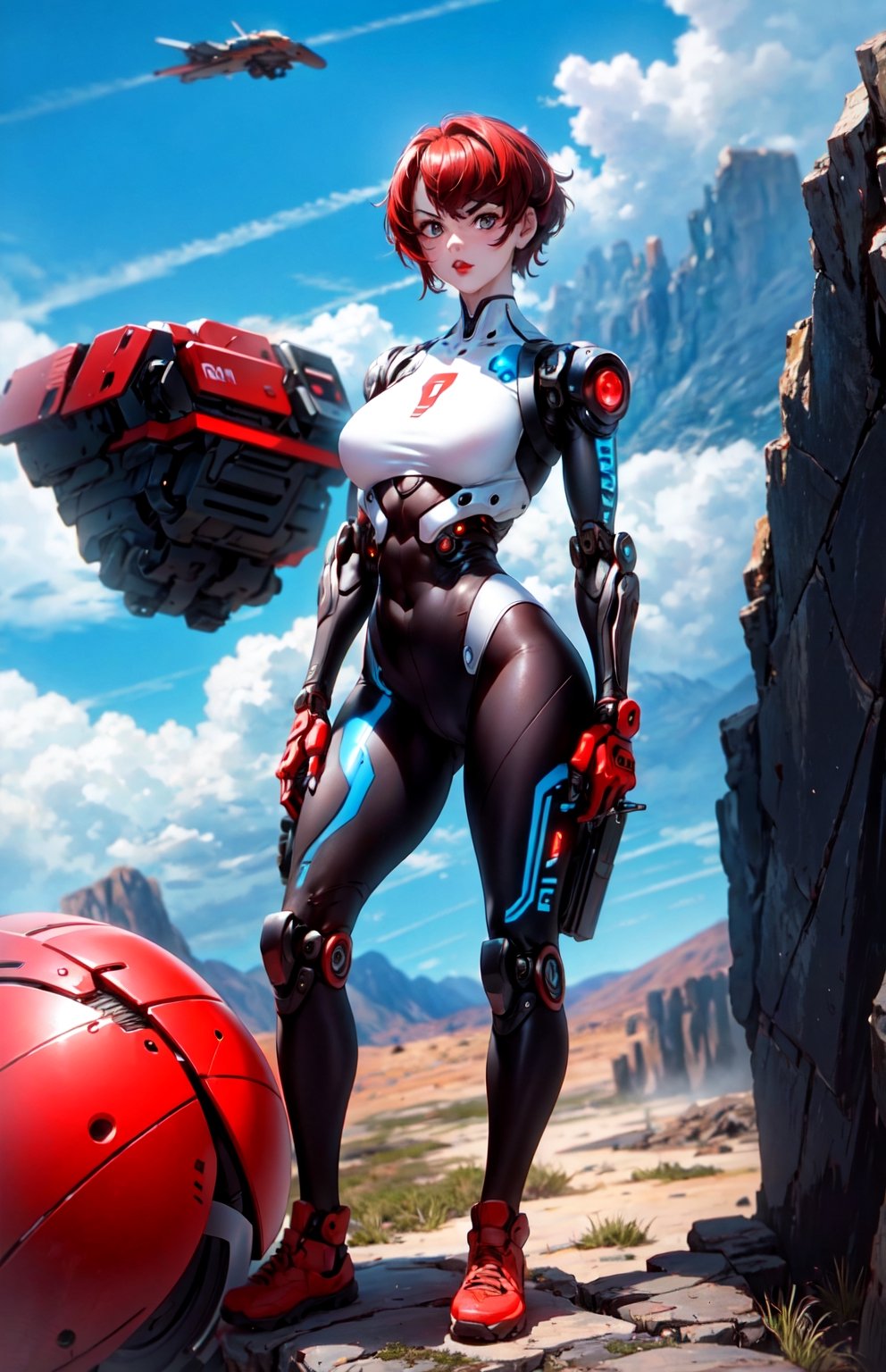 masterpiece, best quality, looking at the viewer, aggressive looking face, angry big eyes, red lips, outdoors open world, small breast, robot hands are well shown, standing, blue sky environment background, white leggings, day time, Rugged and rocky terrain background, Big beautiful eyes,  very short dark red hair,  High detailed glossy full body,  Head to feet,  robot_girl, subject in the middle of the frame, rocky landscape,cibertribal,cyberpunk