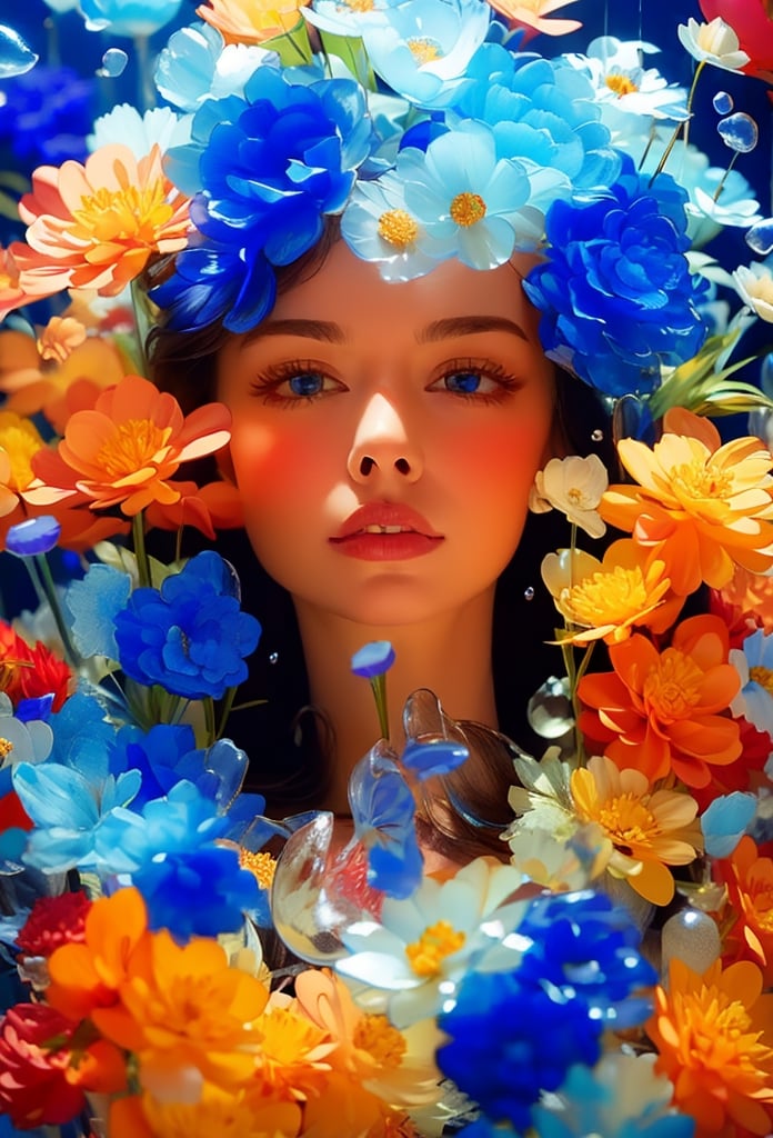 face of a woman made with flowers, Transparent Glass Flowers, Red flowers, Blue flowers, glowing flowers,flowers,girl,flower_of_ice,with flowers,bamby ,Glass flowers,High detailed 