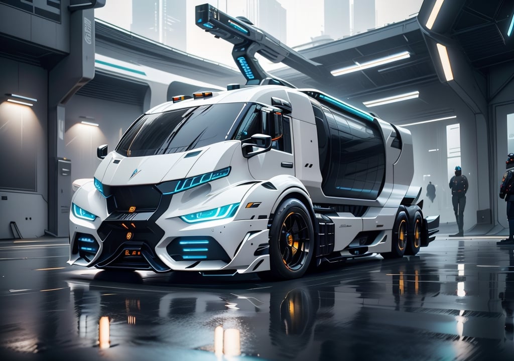 Futuristic truck, sci-fi design high, tech look,  aerodynamic, wide tyres, chromium plated rims, hyper-realistic, highly detailed machine Parts,DonMC3l3st14l3xpl0r3rsXL,stealthtech ,cyber_tech ,ftspcft