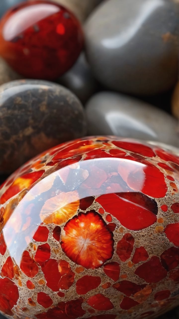 beautifully Petoskey Stone, different shades of blue-coloured box-shaped marble
pebbles with an awesome ribboned Red & white texture, super polished pebbles, glossy pebbles, pebbles covered with bright red fall-off spots, well-arranged, 4k res ,Sci-fi 