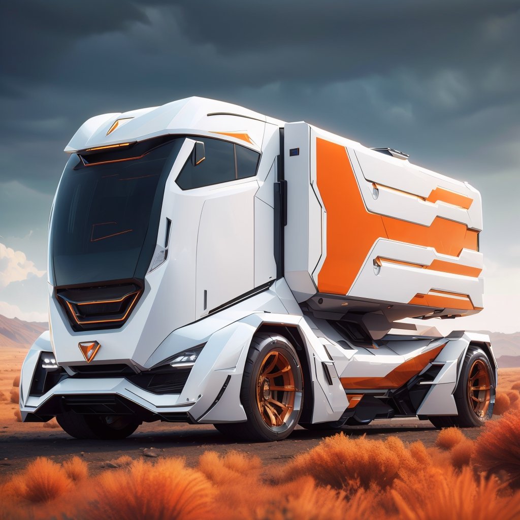 Futuristic truck, sci-fi design high, tech look,  aerodynamic, wide tyres, chromium plated rims, hyper-realistic, highly detailed machine Parts,DonMC3l3st14l3xpl0r3rsXL,stealthtech 