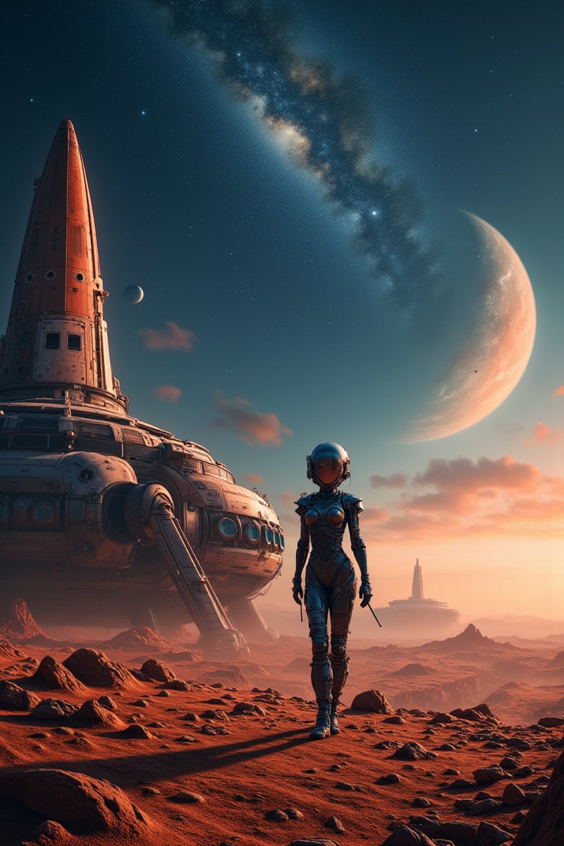 Female Alien Space marine on the desolate surface of mars,  next to her robotic moonlander ship. Saturn and Jupiter visibl...