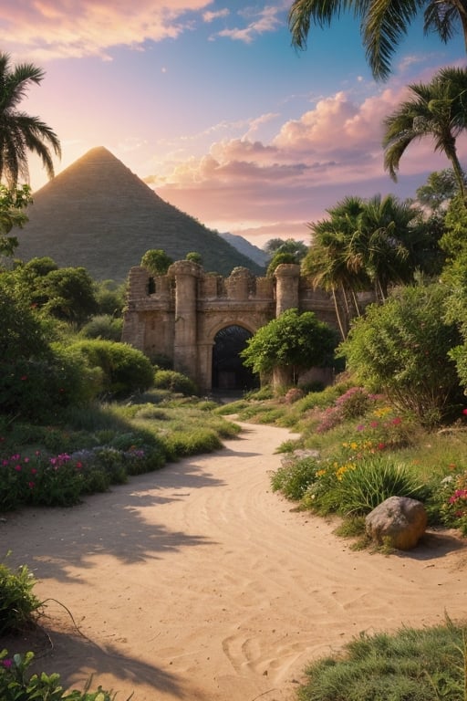 A landscape depicting a beautiful valley along which a river flows, the banks are covered with golden shining sand and green grass, the plants look like the tropics, the sky has a pink sunset, ancient buildings are scattered around the area, such as ruined towers, pyramids, huge gates, bright colors , golden sand, tropical sunset, palm trees, pink sunset, super detail, picturesque landscape,High detailed 