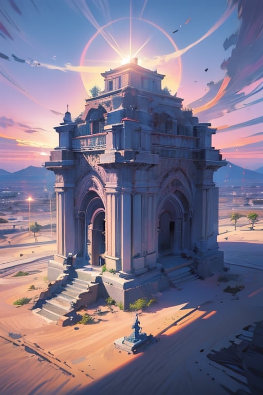 In the desert, golden sand, ruby sand and blue sand draw beautiful three-dimensional figures in the air, in the form of statues, ancient buildings and animals, bright colors, high detail of particles, everything shines, beautiful pink sunset tropical sunset, palm trees, pink sunset, super detail, picturesque landscape, very detailed, 8k,no_humans