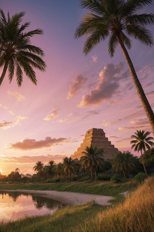 A landscape depicting a beautiful valley along which a river flows, the banks are covered with golden shining sand and green grass, the plants look like the tropics, the sky has a pink sunset, ancient buildings are scattered around the area, such as ruined towers, pyramids, huge gates, bright colors , golden sand, tropical sunset, palm trees, pink sunset, super detail, picturesque landscape