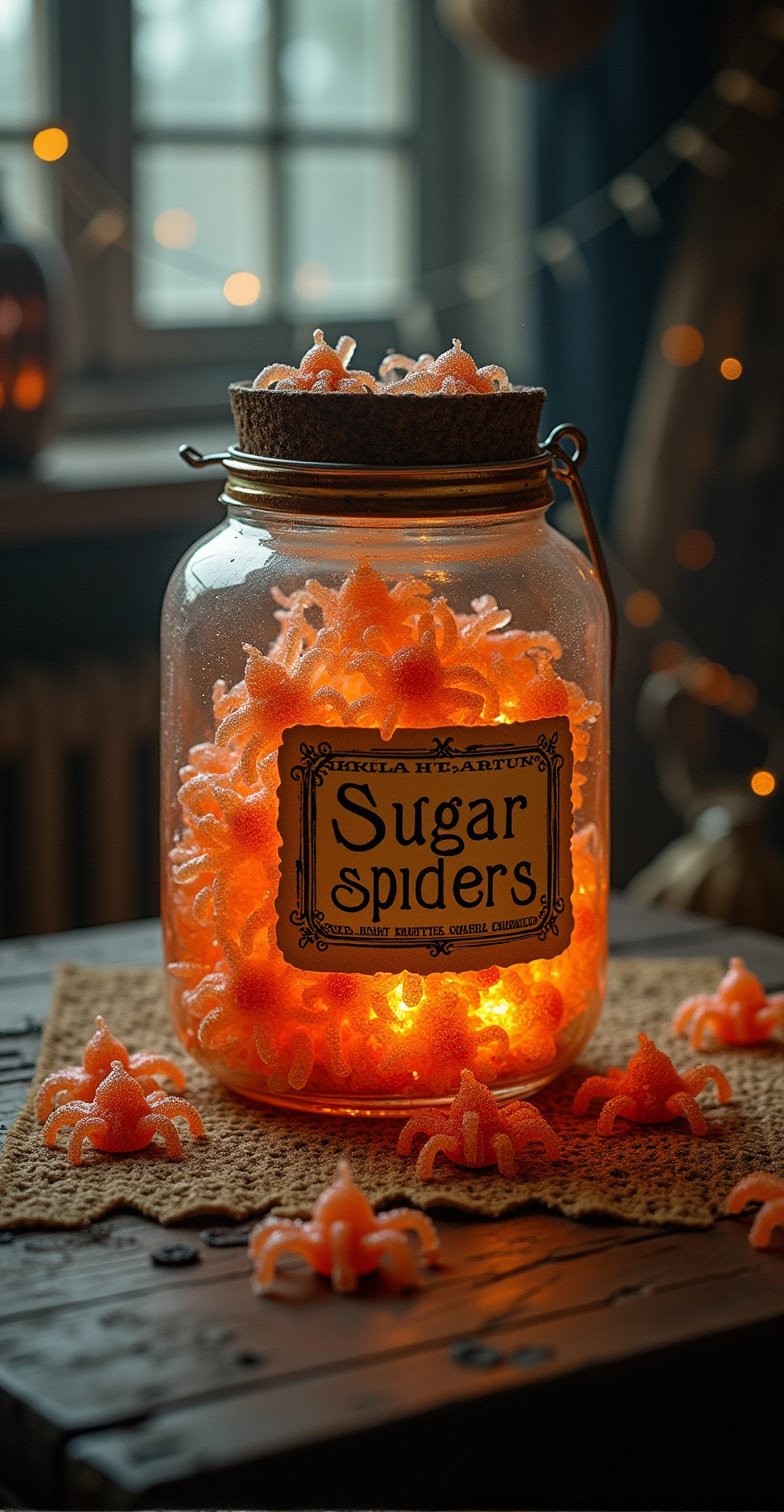 witchy ritualistic alchemy insanely detailed macro textured poster close up magic  glistening transparent  pumpkin jar with vintage label with text saying "Sugar spiders" full of detailed spider-formed spiders big jelly candies  placed on the table in room, cute transparent flying out  white ghosts. cookies  sparks, glitter beautiful style ultra detailed complex analog raw photo window, stars Hudson River School, Repin Kuindzhi expressive brushstrokes mixed with wash masterpiece , transparence intricated lighting, dynamic shadow play sparks , water air perspective high deepness cinematic foggy