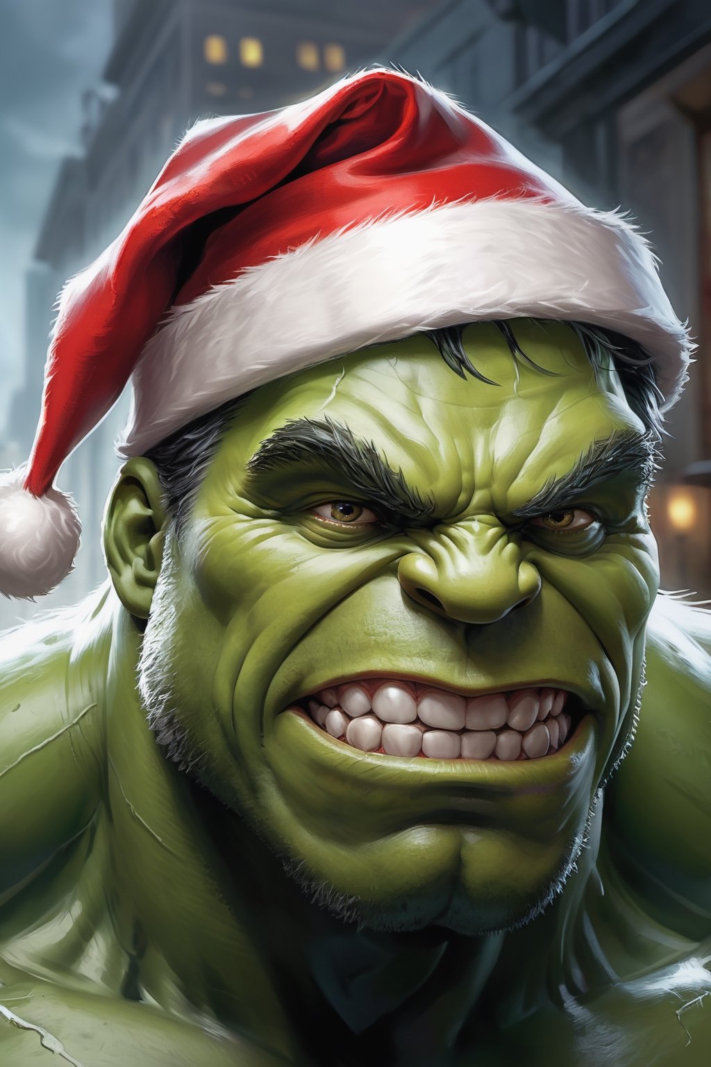 ((Hulk smiling with a Santa Claus hat,  Alex Ross stile,  Marvel comic cover illustration by Usero-z on Tensor.Art