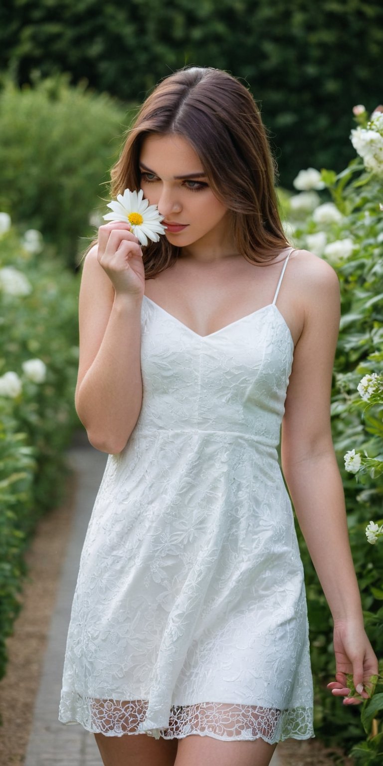 generate image, Beauty 25 years old girl with mini white dress, in a garden smelling a flower,