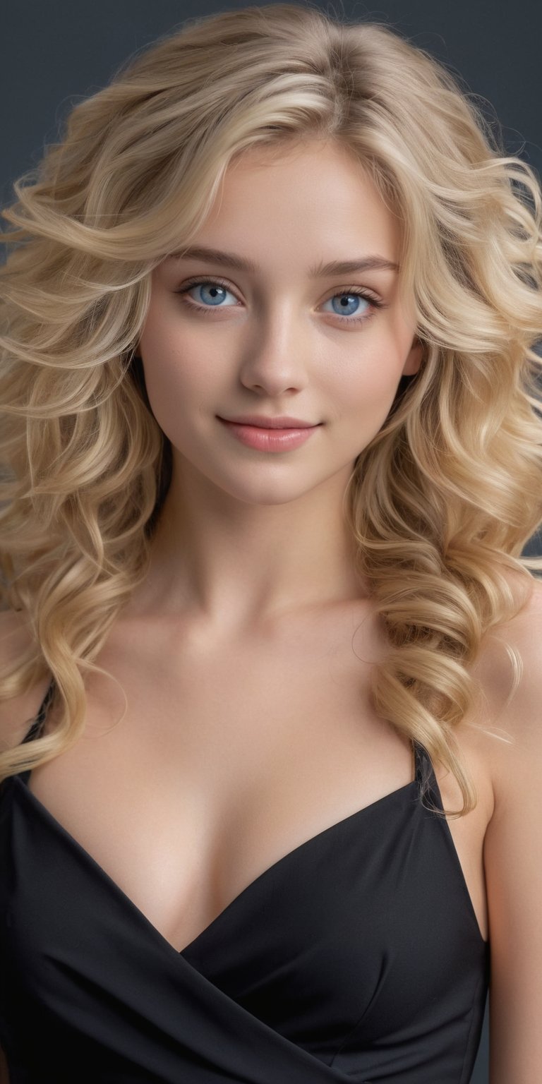 ((Generate hyper realistic half body portrait of  captivating scene featuring a stunning 20 years old girl,)) ((full body,)) with medium long blonde hair,  flowing curls, little smile, donning a black mini dress, piercing, blue eyes, medium chest, photography style , Extremely Realistic,  ,photo r3al