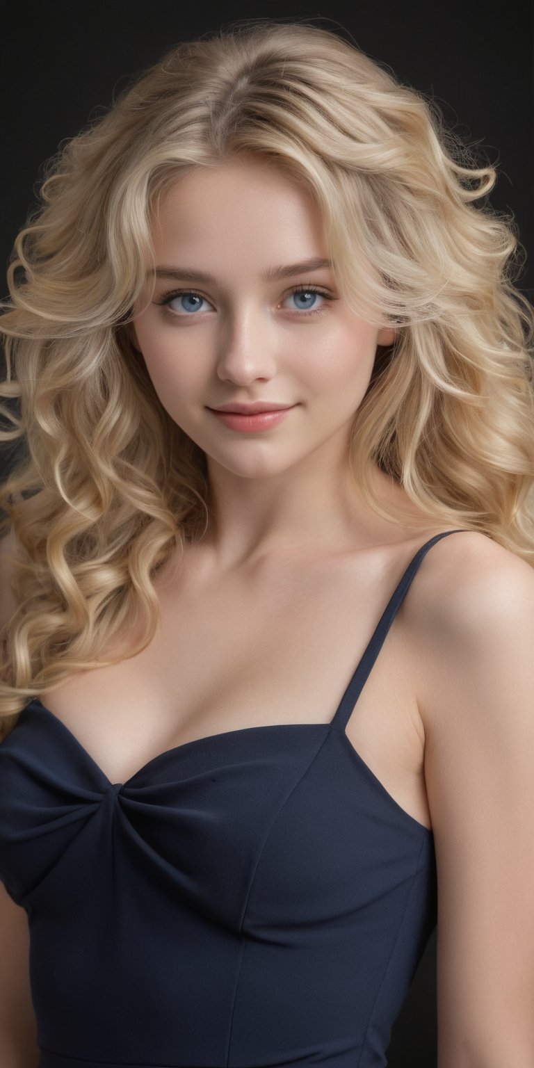 ((Generate hyper realistic half body portrait of  captivating scene featuring a stunning 20 years old girl,)) (((full body,))) with medium long blonde hair,  flowing curls, little smile, donning a black mini dress, piercing, blue eyes, medium chest, photography style , Extremely Realistic,  ,photo r3al