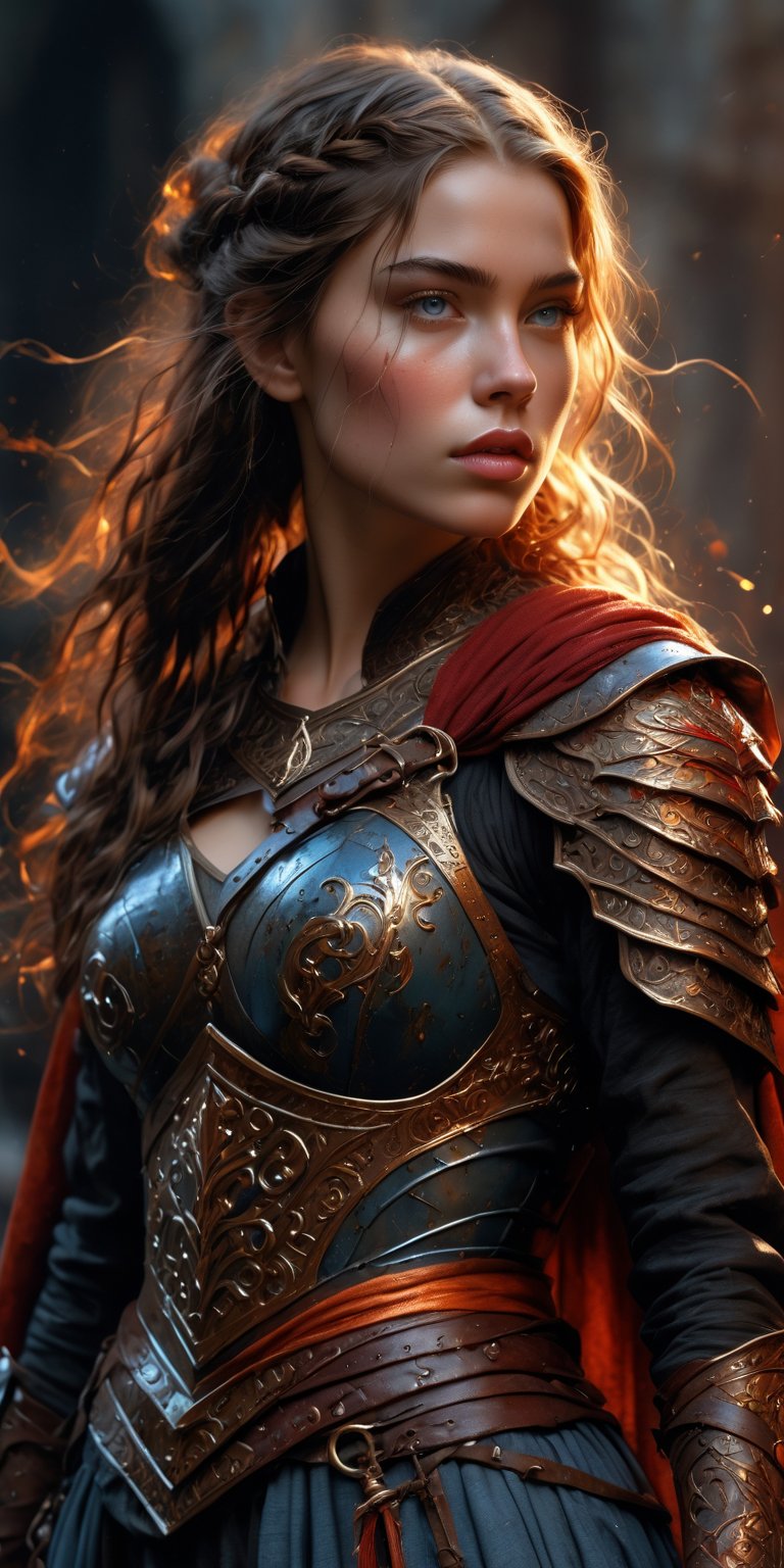 Generate hiper realistic half body portrait of a 20 year old woman, semi side view, wearing a very tight intricately detailed dark iron armor adorned with golden filigree, over a black dress, With a large leather belt with a medieval sword sheathed, bare legs, with a large dark red cape, standing, long dark orange hair blowing by wind, glossy lips and light blue eyes, hyper detailed, captured from a full height rear view , digital photography, Canon R5 85 mm f8 lens, 64k, UHD, HDR (high quality), ((Dark fantasy image)), photorealistic, vibrant and ultra-detailed colors. dark background,fire element,DonMW15pXL