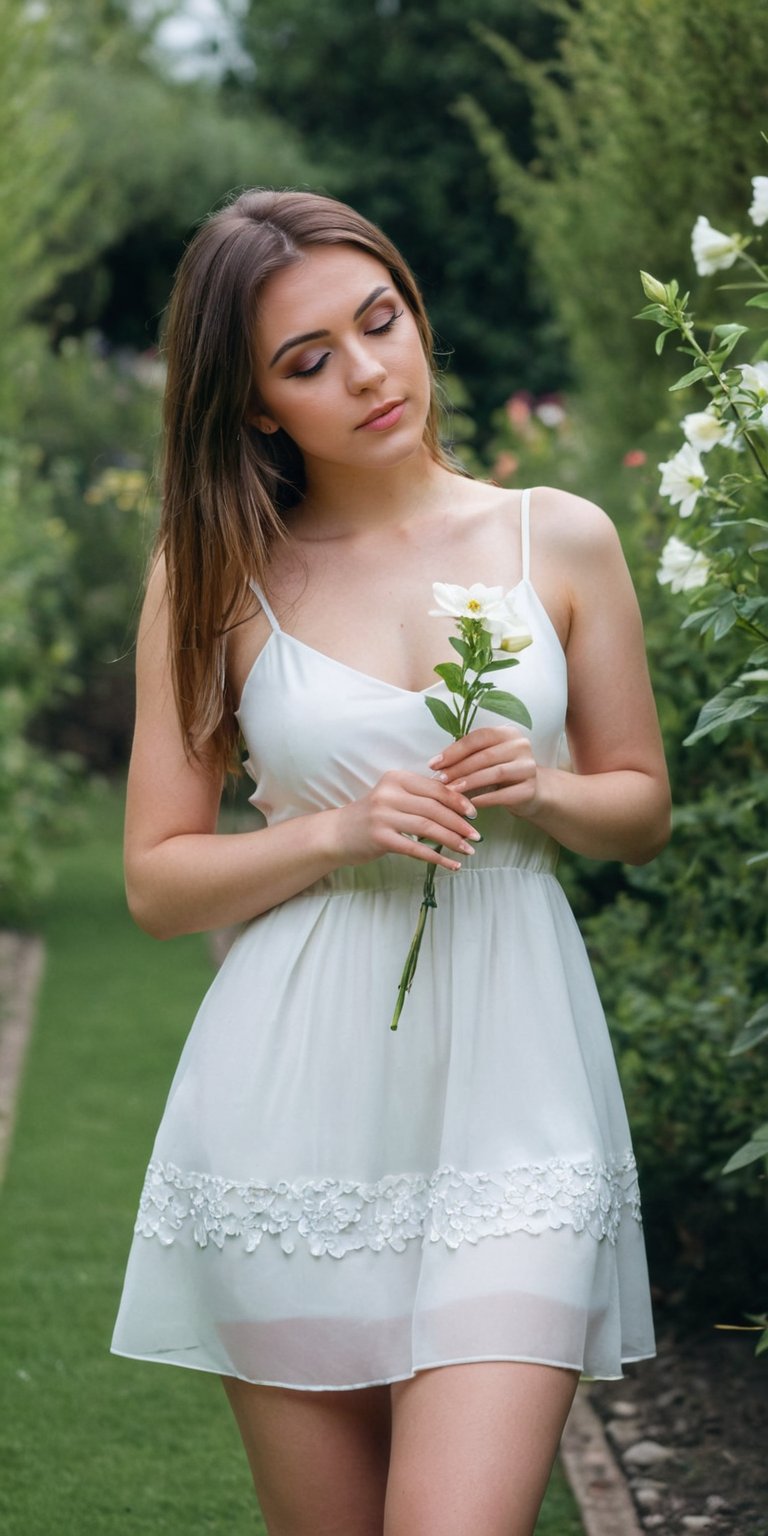 generate image, Beauty 25 years old girl with mini white dress, in a garden smelling a flower,