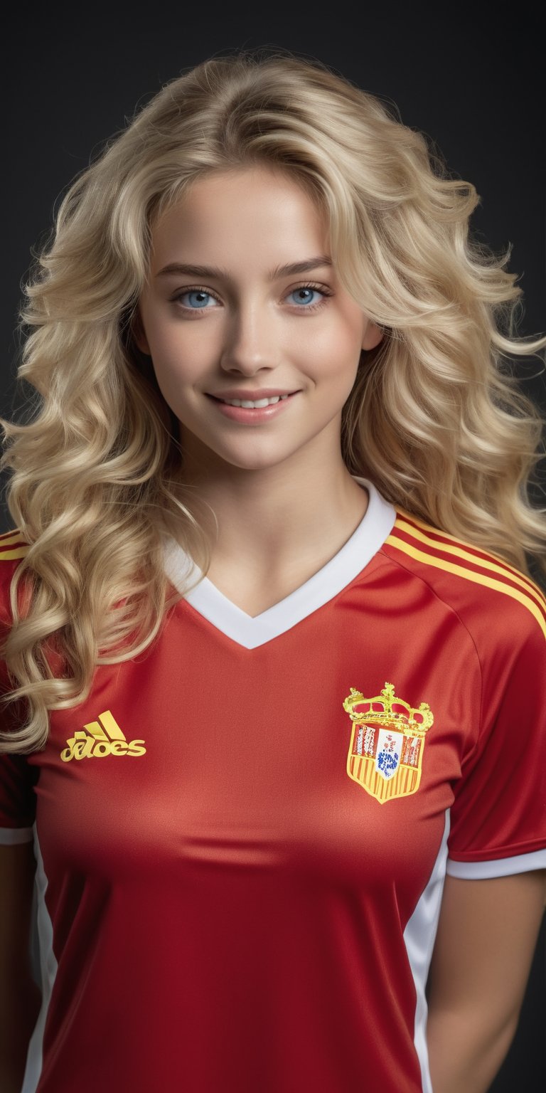 ((Generate hyper realistic full body portrait of  captivating scene featuring a stunning 20 years old girl,)) with medium long blonde hair, flowing curls, little smile, (((dressed With the Spanish national soccer team))), studio lighting,  piercing, blue eyes, photography style , Extremely Realistic,  ,photo r3al,action shot