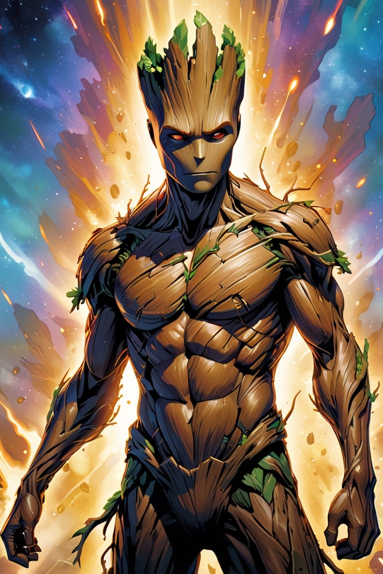 ((full body image of Groot from guardians of the galaxy,  Alex Ross style comic ,  )) (( Action pose)) (Masterpiece by Use...