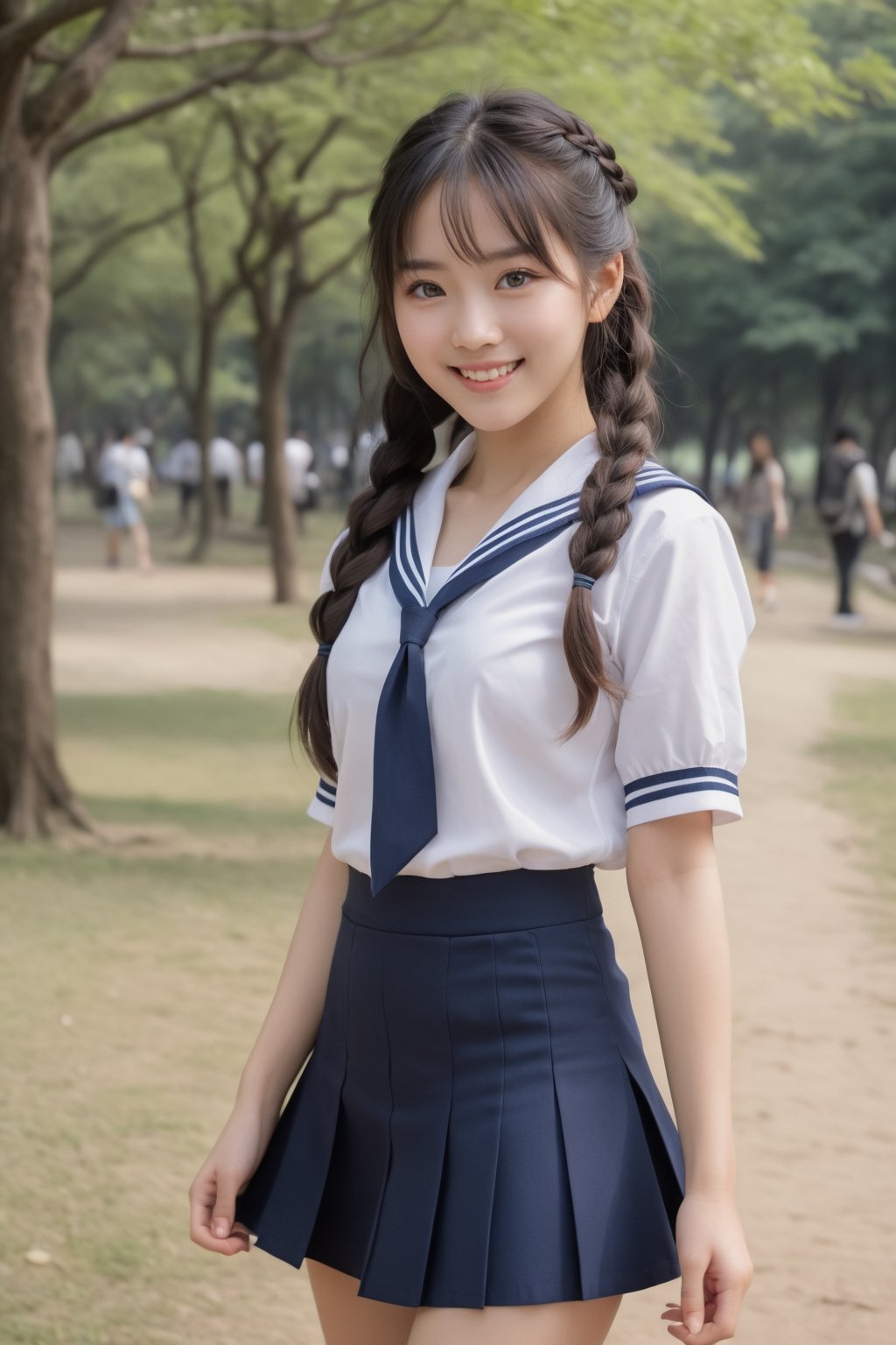 ((Generate hyper realistic full body image of  a stunning 22 years old oriental girl,)) smile with medium long dark hair collected in two braids, bangs, semi side view, standing in a park, donning Sailor suit, Summer school clothes with a mini black skirt, wide thigs, piercing, blue eyes, photography style , Extremely Realistic,  ,photo r3al,aihoshinopose