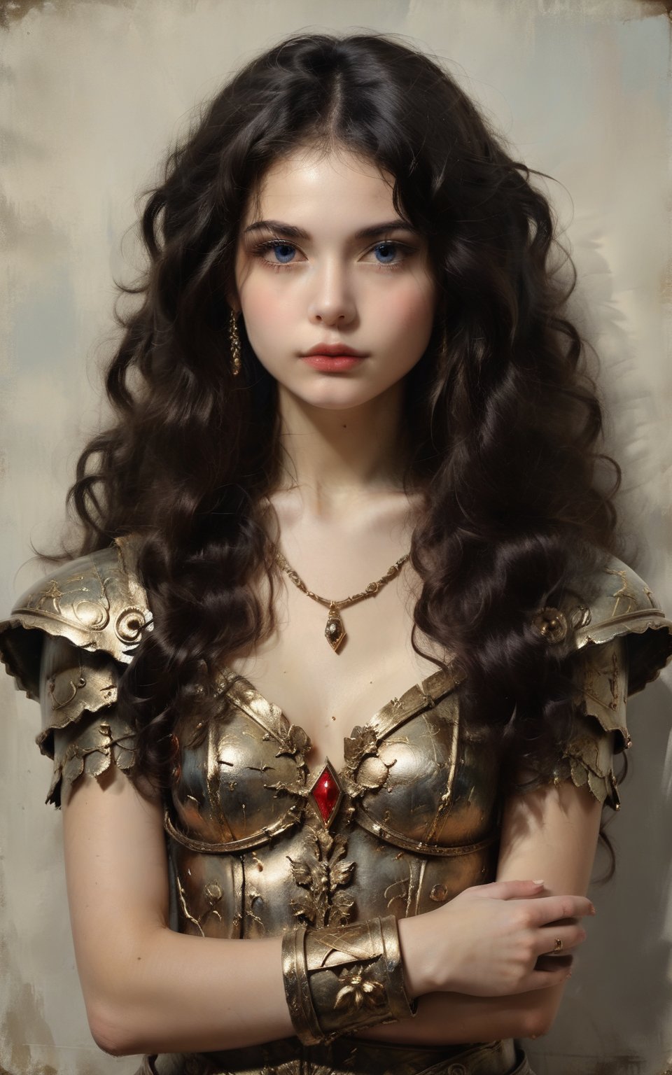 ((Generate hyper realistic half body portrait of captivating scene with a beautiful girl fantasy warrior,)) ((metal armor with intrincate detailed gold ornaments, detailed face, piercing, blue eyes, dark long hair, medium chest, photography style, Extremely Realistic, ,photo r3al high detail, 8k, hyper detailed, masterpiece