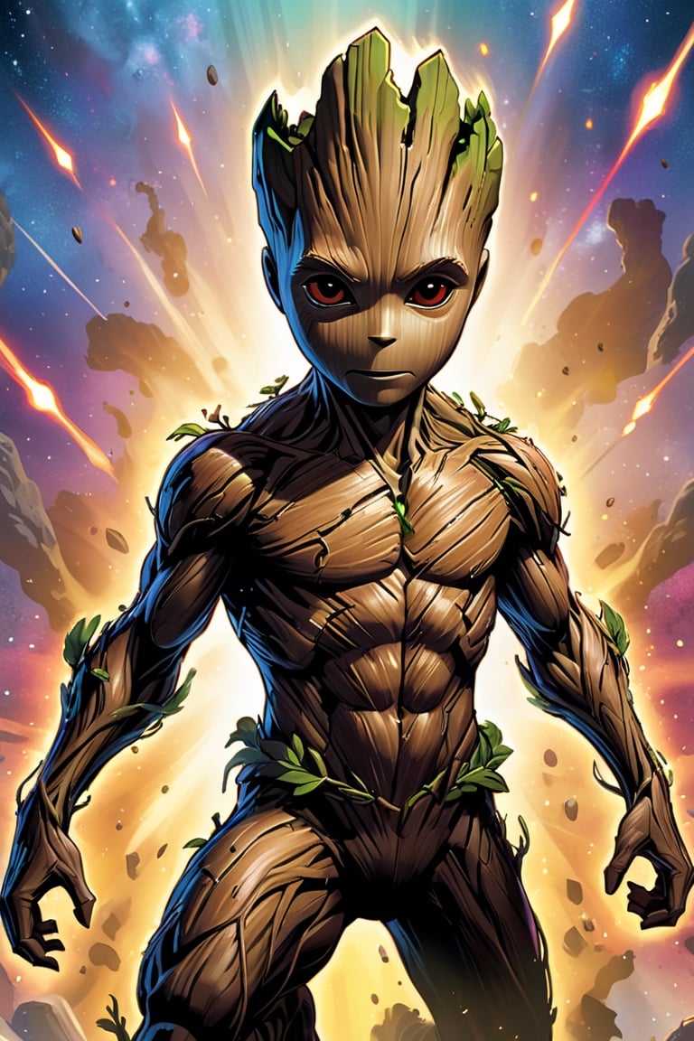 ((full body image of little Groot from guardians of the galaxy,  Alex Ross style comic ,  )) (( Action pose)) (Masterpiece...