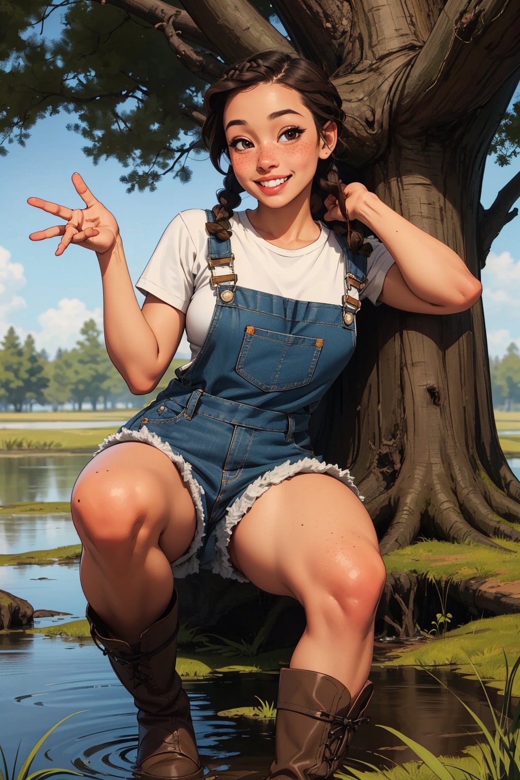 medium breasts, curvy figure, 1girl, hillbilly, brown hair, light skin, messy hair, twin braids, gap in teeth, freckles, plaid shirt, short overalls, swamp boots, smiling, cute pose, pinup, leaning against a tree, realistic, high quality, beside a swamp,SAM YANG