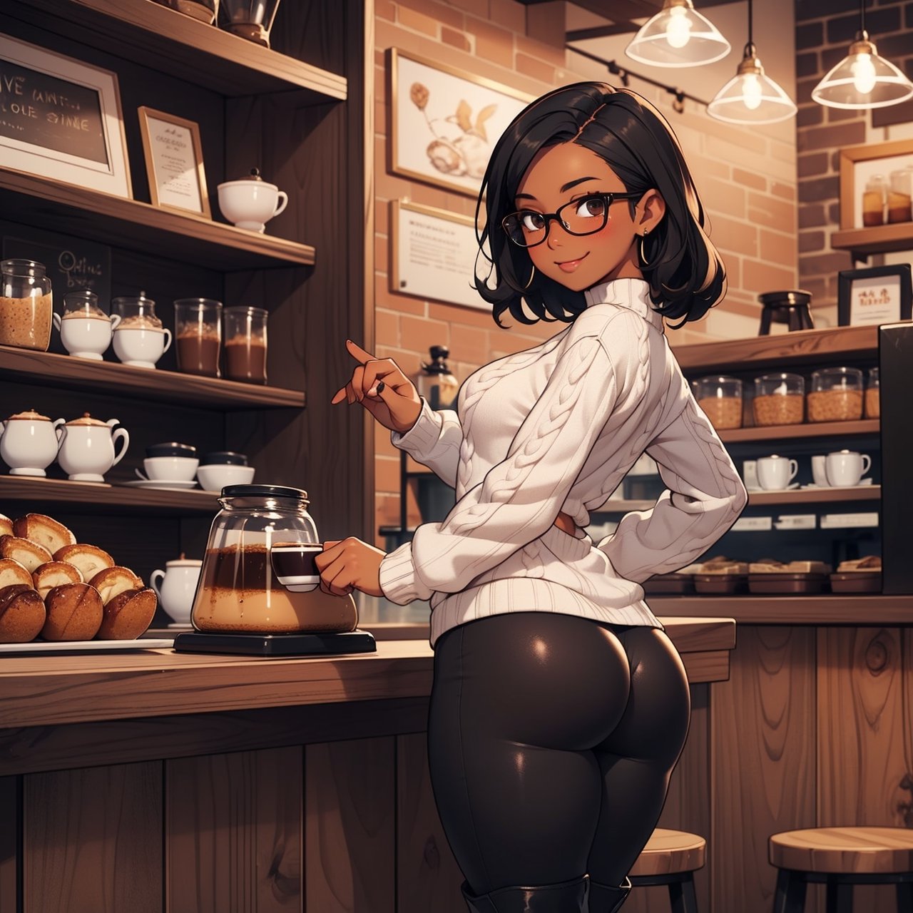 masterpiece,  best quality, fantasy style, (mature female,  curvy figure,  wide hips, big ass, small breasts),  (dark skin), short, shortstack, black hair,  big glasses, 

wearing an oversized sweater,  leggings, over the knee boots, coffee shop background, perfect hands and fingers, warm smile, blushing,